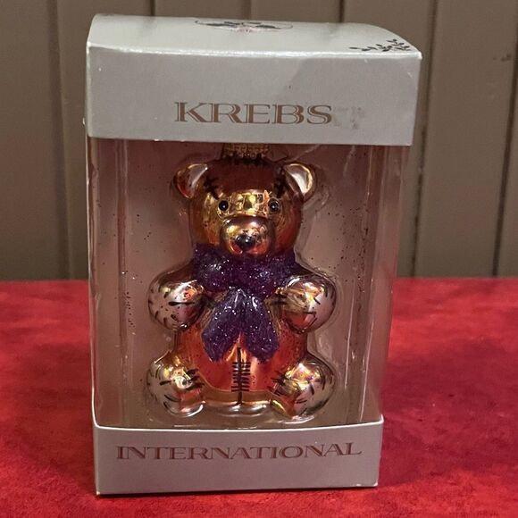 Christmas by Krebs International Glass Brown Bear Purple Bow  Ornament - Picture 1 of 7